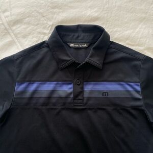 Travis Mathew boys black polo with blue, gray & black stripe at chest (sz med)